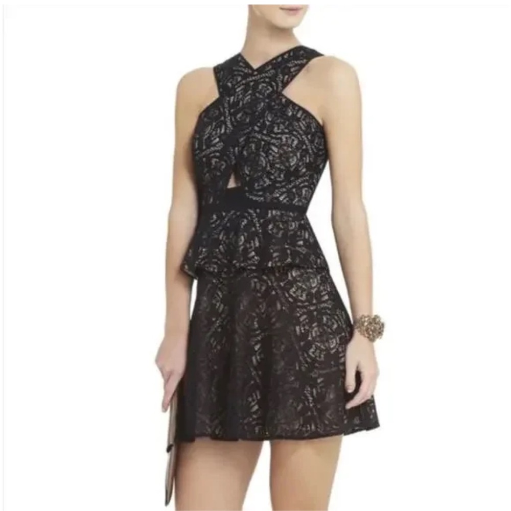 $270 BCBGMaxAzria Black and Tan Fit and Flare Mini Dress wedding guest dress 0